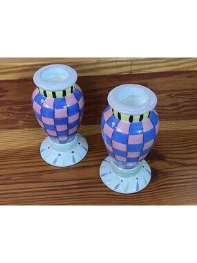 Vintage 90's Lumination Checkerboard Candle Holders Pair Pink Blue Postmodern